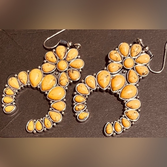🌻 MOON SQUASH BLOSSOM Yellow Turquoise Dangle Earrings S925 Plated Southwestern - Picture 3 of 10